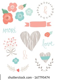 Wedding Clip Art Collection of Vector Flowers, Laurel Frames, Heart, Bouquet, Ribbons, and Love Script