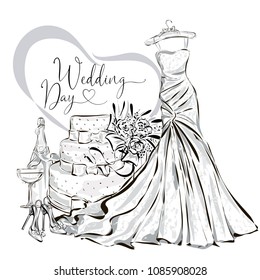 Wedding clip art set with beautiful wedding dress, wedding cake, champagne and flower bouquet, black and white wedding card or invitation template vector illistration art