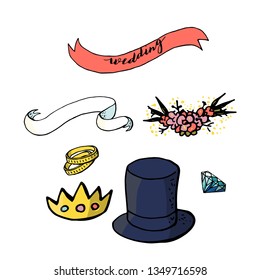 wedding clipart with blue cylinder hat, ribbons, rings, diadem. design elements for wedding. isolated on white background. stock vector illustration