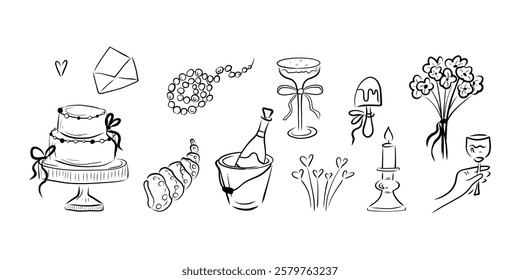 Wedding clipart, cake, envelope, ice cream, bouquet, wine glass, wine bottle, candle, pearl, necklace, heart