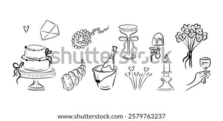 Wedding clipart, cake, envelope, ice cream, bouquet, wine glass, wine bottle, candle, pearl, necklace, heart