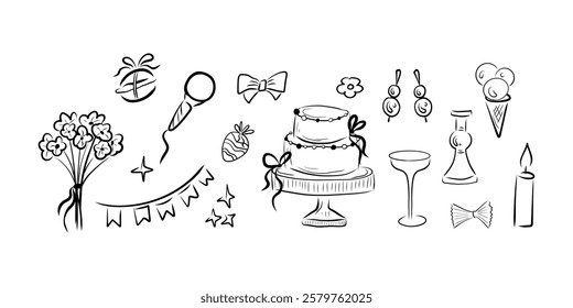 Wedding clipart, cake, flowers, ice cream, macaroon, candle, microphone, strawberry, earrings, wine glass, tied bow