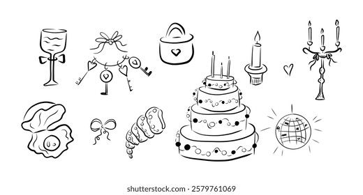 Wedding clipart, cake, keys, disco ball, lock, candle, shell, pearl, heart, wine glass, tied bow