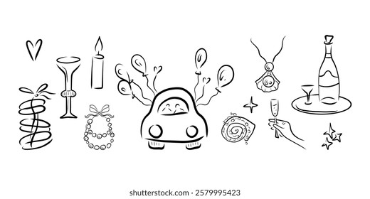 Wedding clipart, car with balloons, wine bottle, jewellry, heart, candle, shell, pearl, macaroon, stars, necklace