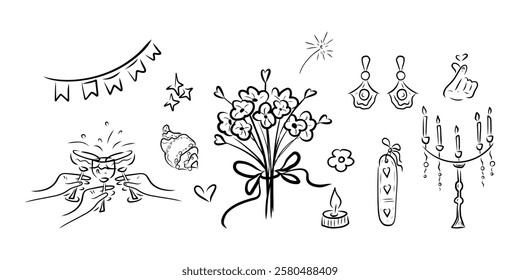 Wedding clipart, Doodle Wedding set, bouquet of flowers, chandelier, candle, shell, heart, earrings, korean love gesture, flower, drinking glasses, wine glasses 