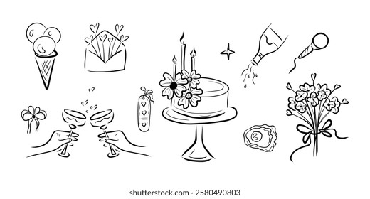 Wedding clipart, Doodle Wedding set, bouquet of flowers, cake, ice cream, envelope, pearl shell, wine glass, bow tie, microphone, tag, star