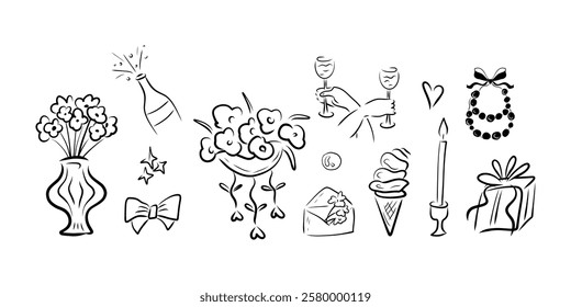 Wedding clipart, Doodle Wedding set, vase with flowers, ice cream, envelope, heart, tied bow, candle, pearl, gift box, wine bottle, jewelry