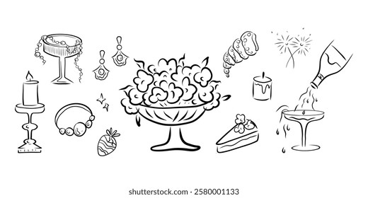 Wedding clipart, Doodle Wedding set, vase with flowers, piece of cake, jewelry, earrings, strawberry, candle, pearl, wine glass, wine bottle, fireworks