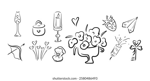 Wedding clipart, Doodle Wedding set, vase with flowers, candle, paper airplane, lock, heart, angel's bow, pearl, wine glass, strawberry, firecracker