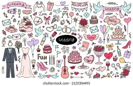 Wedding clipart. A large set of icons for the wedding day. Multi-colored set for wedding design. Vector.