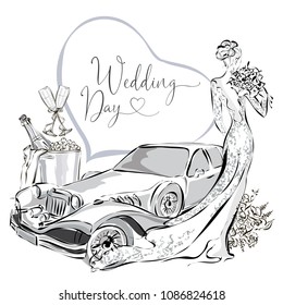 Wedding clipart set with beautiful bride, wedding limousine and champagne in ice bucket, black and white wedding greeting card or invitation template vector illistration art