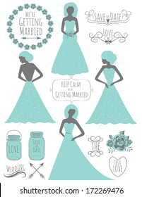 Wedding Clipart Set with  Turquoise Wedding Dress in Vector