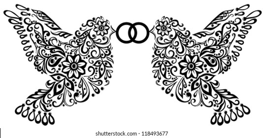 wedding clipart, silhouette of two birds that keep the ring