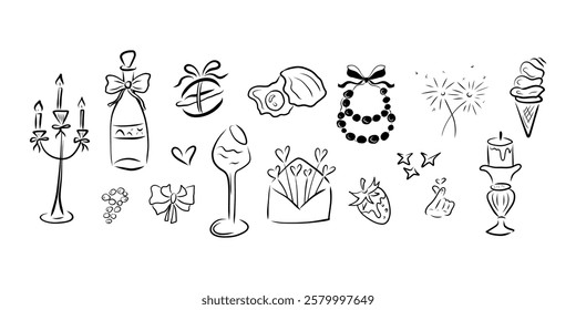 Wedding clipart, wine glass, wine bottle, jewelry, envelope, candle, strawberry, pearl, korean love sign, pearl shell, necklace