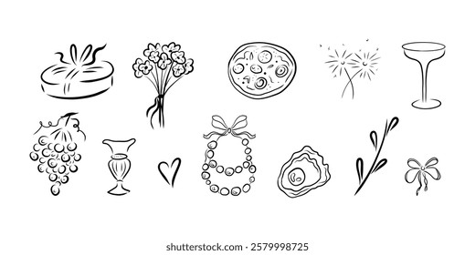Wedding clipart, wine glass, pizza, jewelry, bunch of grapes, heart, pearl shell, pearl, bouquet of flowers, tied bow, fireworks