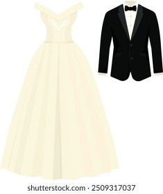 Wedding clothes of the bride and groom. Vector illustration of Black groom suits and white bridal gown