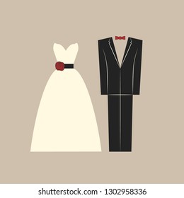 Wedding clothing, bride and groom dress and suit. Bridal white dress and groom formal suit vector designs.