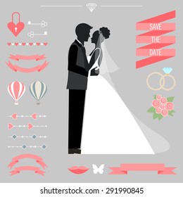 wedding collection with bride, groom silhouette and cartoon romantic decorative elements isolated on soft background for use in design for card, invitation, poster, banner, placard, billboard cover