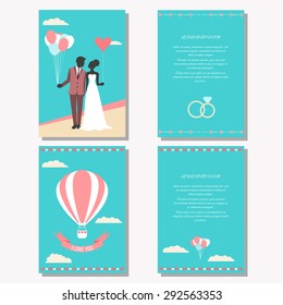 wedding collection with bride, groom silhouette, balloons and cartoon romantic decorative elements isolated on stylish background for use in design for card, invitation, poster, banner, placard cover