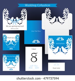 Wedding Collection. Couple Birds. The Envelope. Cards. An Invitation. Laser Cut Template. Vector Stock.