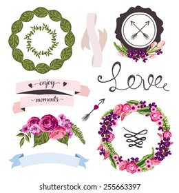 Wedding collection with hand-drawn flowers and plants for your design