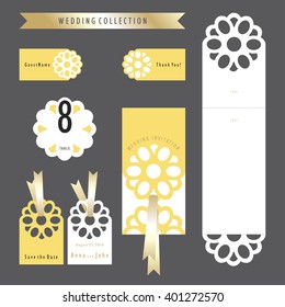 Wedding collection. The invitation and cards with golden ribbons.  Laser cut wedding invitation template. Vector  stock.