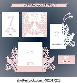 Wedding collection. Laser cut template. Couple tenderly pink birds. Cards. An invitation. Vector stock.