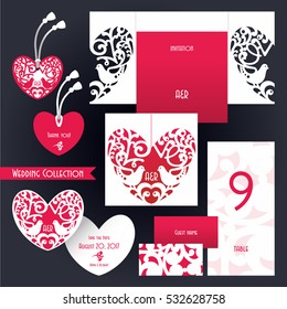 Wedding collection. Laser cut template invitation. Openwork  heart. Word love. Couple birds. Cut out card. Guest card, label. 