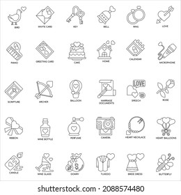 Conjunto de elementos de iconos de vectores planos del contorno de la colección de bodas