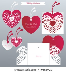 Wedding  collection.  Red heart. Laser cut invitation template. Cutout  paper card. Design template for label. Vector stock.
