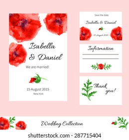 Wedding collection with red watercolor poppy, green leaves and space for your text isolated, vector hand drawn illustration, design template, layout for invitation, greeting card, cosmetic, postcard