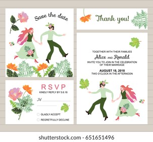 Wedding collection. Set of invitation cards with beautiful bride and groom and flowers.