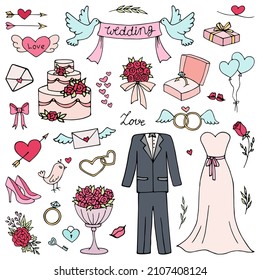 Wedding collection. Vector illustration with hand-drawn doodles. Sketches of wedding icons. A large set of icons for the wedding day.