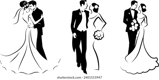 Wedding. Collection of vector illustrations of newlyweds. Holiday, happiness for the bride and groom. Black and white illustrations. Stylization.