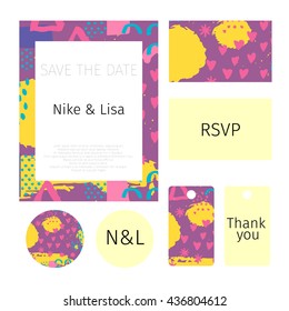 Wedding collection of vector set of invitation cards in memphis abstract pattern background in retro vintage 80s or 90s style. Vector illustration.