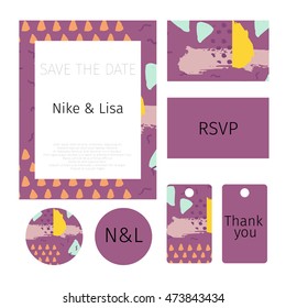 Wedding collection of vector set of invitation cards in memphis abstract seamless pattern background in retro vintage 80s or 90s style. Vector illustration.