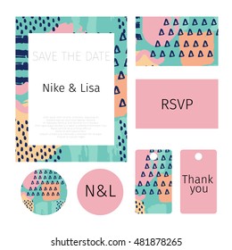 Wedding collection of vector set of invitation cards in memphis abstract seamless pattern background in retro vintage 80s or 90s style. Vector illustration.