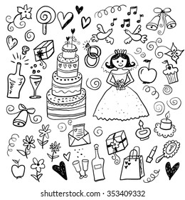 Wedding color hand drawn sketch set