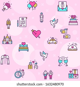 Wedding color linear vector icons set. Love forever. Marriage ceremony. Celebration and invitation. Groom and bride. Happy day.