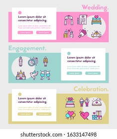 Wedding color linear vector icons set. Love forever. Marriage ceremony. Celebration and invitation. Groom and bride. Happy day.