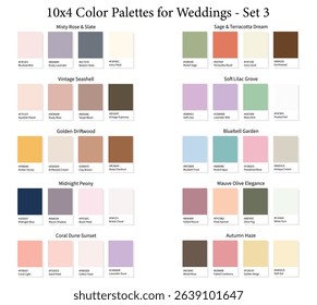 Wedding Color Palettes 10x4 Set 3 - 3d Marriage Luxury, Modern, All Season Colours, Color Schemes with Hex Codes and Names, Colour Swatches and Combinations, Vector Illustration