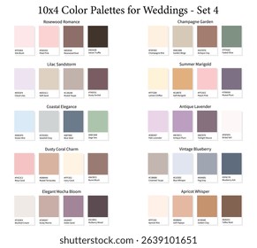 Wedding Color Palettes 10x4 Set 4 - 3d Marriage Luxury, Modern, All Season Colours, Color Schemes with Hex Codes and Names, Colour Swatches and Combinations, Vector Illustration