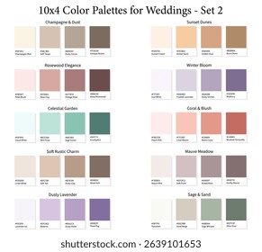 Wedding Color Palettes 10x4 Set 2 - 3d Marriage Soft, Pastel, Neutral, Muted Colours, Color Schemes with Hex Codes and Names, Colour Swatches and Combinations, Vector Illustration