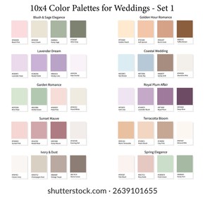 Wedding Color Palettes 10x4 Set 1 - 3d Marriage Soft, Pastel, Neutral, Muted Colours, Color Schemes with Hex Codes and Names, Colour Swatches and Combinations, Vector Illustration