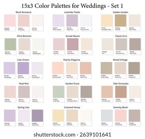 Wedding Color Palettes 15x3 Set 1 - 3d Marriage Soft, Pastel, Neutral, Muted Colours, Color Schemes with Hex Codes and Names, Colour Swatches and Combinations, Vector Illustration