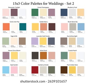 Wedding Color Palettes 15x3 Set 2 - 3d Marriage Luxury, Modern, All Season Colours, Color Schemes with Hex Codes and Names, Colour Swatches and Combinations, Vector Illustration