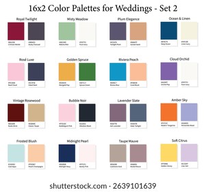 Wedding Color Palettes 16x2 Set 2 - 3d Marriage Luxury, Modern, All Season Colours, Color Schemes with Hex Codes and Names, Colour Swatches and Combinations, Vector Illustration