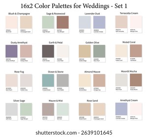 Wedding Color Palettes 16x2 Set 1 - 3d Marriage Soft, Pastel, Neutral, Muted Colours, Color Schemes with Hex Codes and Names, Colour Swatches and Combinations, Vector Illustration