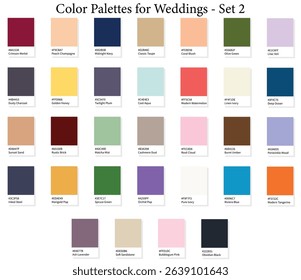 Wedding Color Palettes Single Color Chart 2 - 3d Marriage Luxury, Modern, All Season Colours, Color Schemes with Hex Codes and Names, Colour Swatches and Combinations, Vector Illustration
