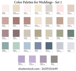 Wedding Color Palettes Single Color Chart - 3d Marriage Soft, Pastel, Neutral, Muted Colours, Color Schemes with Hex Codes and Names, Colour Swatches and Combinations, Vector Illustration